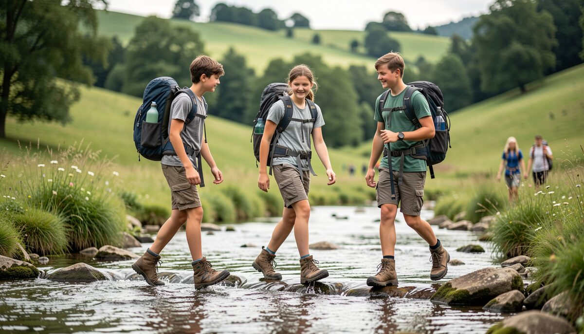 Teenagers in hiking boots crossing a shallow stream with backpacks during a summer camp excursion in green hills.