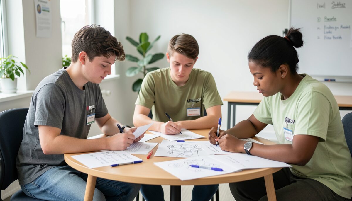 Three young volunteer leaders reviewing handwritten notes and drawings around a small table in a bright meeting room.